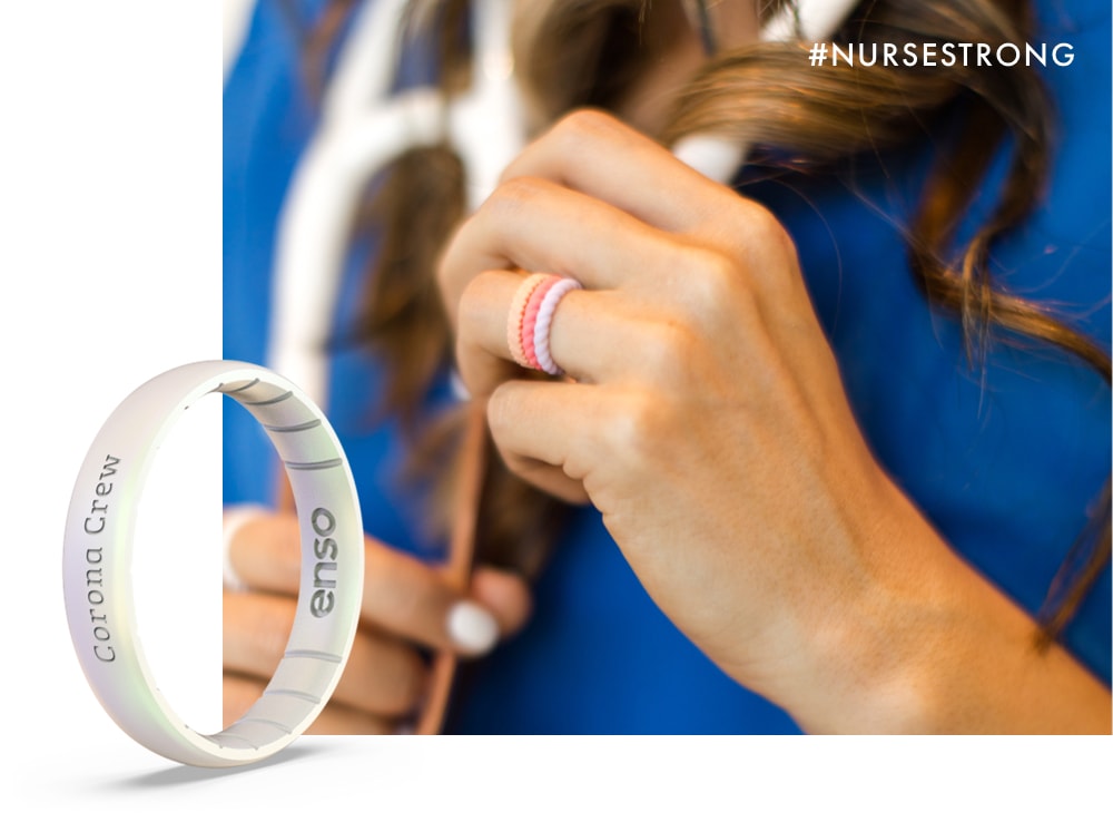 Stand strong with the professionals and volunteers on the front lines of fighting Covid-19 Close up image of a nurse's hand wearing 3 Enso Braided Stackable rings
